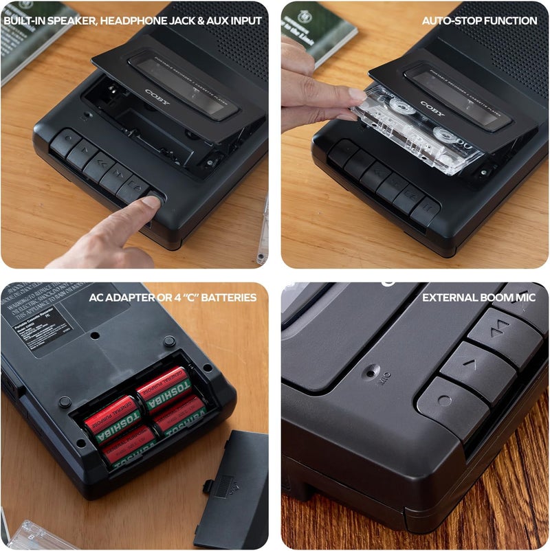 COBY Portable Cassette Player & Recorder with Over-Ear Headphones, Built-in Microphone, One-Touch Recording, Automatic Stop, Carry Handle – Tape Playback & Voice Recording - Image 5